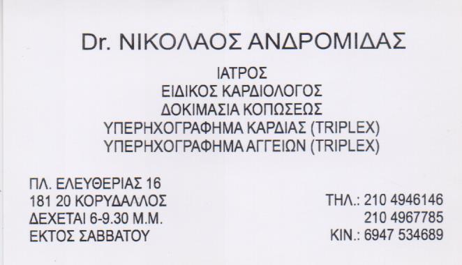 ΚΑΡΔΙΟΛΟΓΟΣ ΚΑΡΔΙΟΛΟΓΙΚΟΙ ΙΑΤΡΕΙΟ ΚΟΡΥΔΑΛΛΟΣ ΑΤΤΙΚΗ ΑΝΔΡΟΜΙΔΑΣ ΝΙΚΟΛΑΟΣ